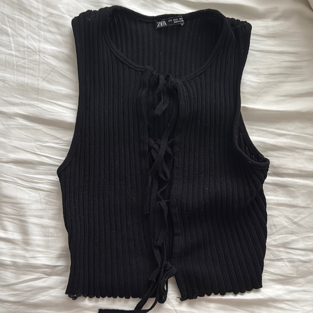 Zara Black Sleeveless Ribbed Tie Front Tank Top
